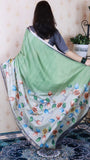 Pista Green Soft Tussar Silk Kalamkari Unique Printed Zari Woven Saree