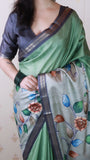 Pista Green Soft Tussar Silk Kalamkari Unique Printed Zari Woven Saree