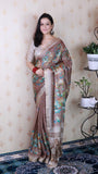 Brown Soft Tussar Silk Nature Printed Zari Woven Saree