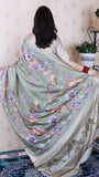 Pista Green Soft Tussar Silk Nature Printed Zari Woven Saree