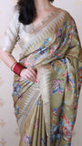 Dusty Gold Soft Tussar Silk Nature Printed Zari Woven Saree