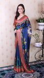 Dark Blue Soft Tussar Silk Pichwai Traditional Printed Zari Woven Saree