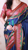 Dark Blue Soft Tussar Silk Pichwai Traditional Printed Zari Woven Saree