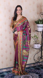Wine Soft Tussar Silk Pichwai Traditional Printed Zari Woven Saree
