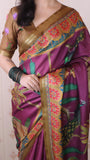 Wine Soft Tussar Silk Pichwai Traditional Printed Zari Woven Saree