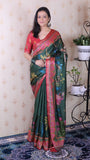 Bottle Green Soft Tussar Silk Pichwai Traditional Printed Zari Woven Saree