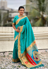 Aqua Blue Zari Woven Mahalaxmi God Paithani Silk Saree