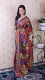 Brown Soft Tussar Silk Pichwai Traditional Printed Zari Woven Saree