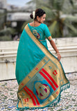 Aqua Blue Zari Woven Mahalaxmi God Paithani Silk Saree