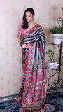 Grey Soft Tussar Silk Striped Traditional Printed Zari Woven Saree