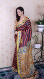 Red Soft Tussar Silk Striped Traditional Printed Zari Woven Saree
