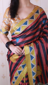 Red Soft Tussar Silk Striped Traditional Printed Zari Woven Saree