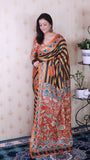 Orange Soft Tussar Silk Striped Traditional Printed Zari Woven Saree