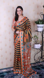 Orange Soft Tussar Silk Striped Traditional Printed Zari Woven Saree