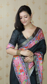 Black Tussar Silk Floral Printed Saree with Zari Woven Border