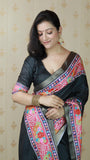 Black Tussar Silk Floral Printed Saree with Zari Woven Border