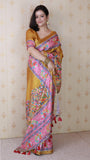 Gold Tussar Silk Floral Printed Saree with Zari Woven Border