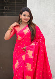 Pink Soft Silk Dual Zari Woven Saree with Nandi Border