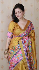 Gold Tussar Silk Floral Printed Saree with Zari Woven Border