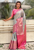 Grey Kanjivaram Soft Tissue Silk Leheriya Traditional Zari Woven Saree