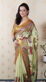 Yellow Tussar Silk Pattachitra Traditional Printed Zari Woven Saree