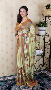 Yellow Tussar Silk Pattachitra Traditional Printed Zari Woven Saree