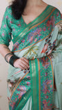 Sea Green Tussar Silk Pattachitra Traditional Printed Zari Woven Saree