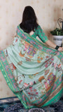 Sea Green Tussar Silk Pattachitra Traditional Printed Zari Woven Saree
