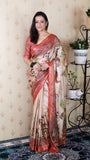 Red Tussar Silk Pattachitra Traditional Printed Zari Woven Saree