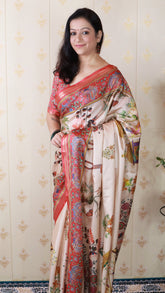 Red Tussar Silk Pattachitra Traditional Printed Zari Woven Saree