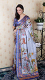 Blue Tussar Silk Pattachitra Traditional Printed Zari Woven Saree