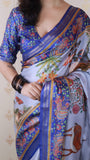 Blue Tussar Silk Pattachitra Traditional Printed Zari Woven Saree