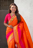 Orange Paithani Silk Saree with Muniya Satin Border