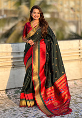 Bottle Green Paithani Silk Saree with Muniya Satin Border