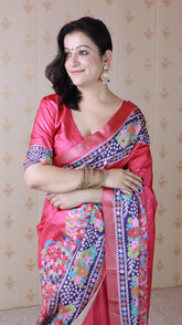 Pink Tussar Silk Floral Printed Saree with Zari Woven Border