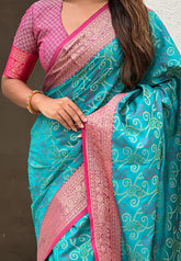Aqua Blue Soft Silk Zari Woven Bandhani Patola Saree with Contrast Weaves