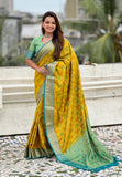 Mehendi Green Soft Silk Zari Woven Bandhani Patola Saree with Contrast Weaves