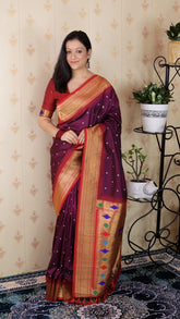Wine Bandhani Paithani Silk Zari Woven Saree