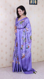 Violet Soft Georgette Floral Printed Zari Woven Saree