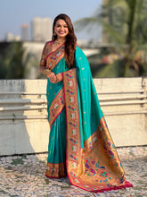 Aqua Blue Soft Silk Swan Rajhans Paithani Saree