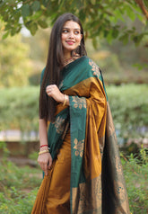 Rashmi in our Gold Soft Silk Floral Border Contrast Zari Woven Saree