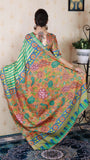 Sea Green Soft Tussar Silk Striped Party Wear Printed Zari Woven Saree