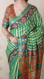 Sea Green Soft Tussar Silk Striped Party Wear Printed Zari Woven Saree
