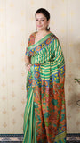 Sea Green Soft Tussar Silk Striped Party Wear Printed Zari Woven Saree