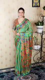 Sea Green Soft Tussar Silk Striped Party Wear Printed Zari Woven Saree