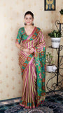 Pink Soft Tussar Silk Striped Party Wear Printed Zari Woven Saree