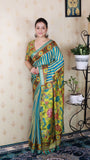 Blue Soft Tussar Silk Striped Party Wear Printed Zari Woven Saree