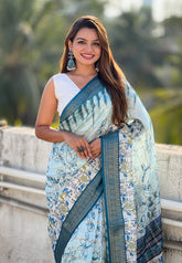 Sky Chanderi Crush Silk Floral Printed Saree with Zari Woven Jacquard Panel Border