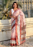 Pink Chanderi Crush Silk Floral Printed Saree with Zari Woven Jacquard Panel Border