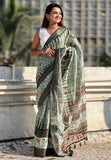 Pista Chanderi Crush Silk Floral Printed Saree with Zari Woven Jacquard Panel Border